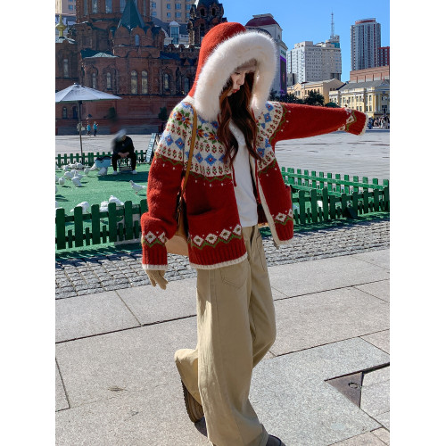 聖誕紅復古印花撞色連帽費爾島毛領針織外套女秋冬2025新韓系氣質 聖誕紅復古印花撞色連帽費爾島毛領針織外套女秋冬2025新韓系氣質