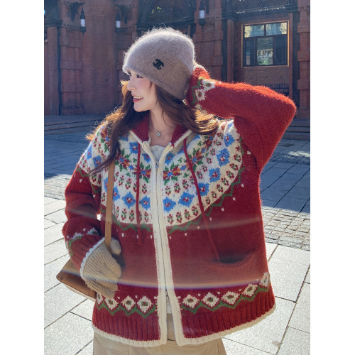 聖誕紅復古印花撞色連帽費爾島毛領針織外套女秋冬2025新韓系氣質 聖誕紅復古印花撞色連帽費爾島毛領針織外套女秋冬2025新韓系氣質