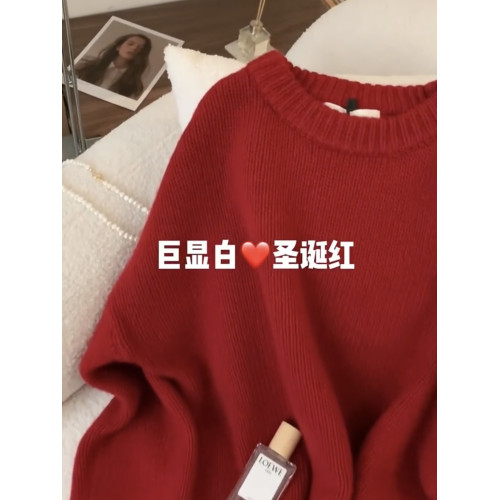 復古高級感聖誕紅色浣熊絨套頭毛衣女秋冬慵懶風本命年新年針織衫 復古高級感聖誕紅色浣熊絨套頭毛衣女秋冬慵懶風本命年新年針織衫