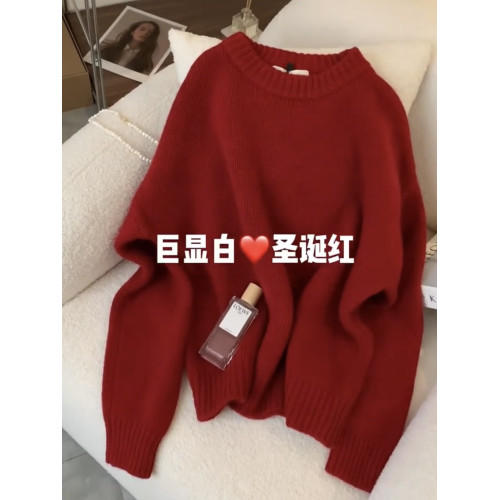 復古高級感聖誕紅色浣熊絨套頭毛衣女秋冬慵懶風本命年新年針織衫 復古高級感聖誕紅色浣熊絨套頭毛衣女秋冬慵懶風本命年新年針織衫