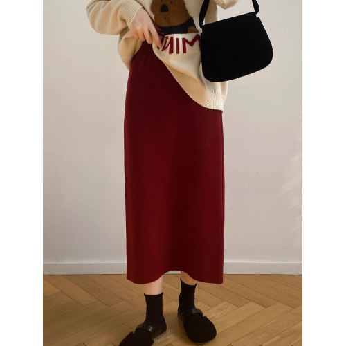 聖誕紅色羊毛針織半身裙女秋冬高腰直筒包臀裙高級感a字毛呢長裙