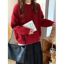 新年紅！復古麻花毛衣女冬季外穿寬松慵懶風圓領套頭針織衫聖誕紅