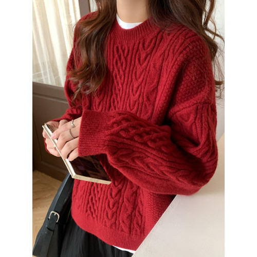 新年紅!復古麻花毛衣女冬季外穿寬松慵懶風圓領套頭針織衫聖誕紅 新年紅!復古麻花毛衣女冬季外穿寬松慵懶風圓領套頭針織衫聖誕紅