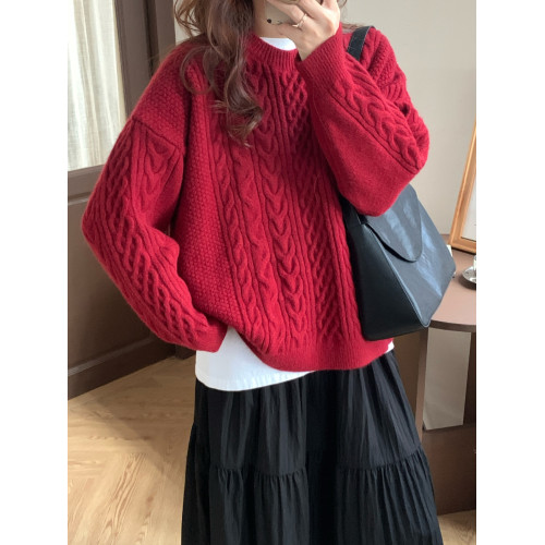 新年紅!復古麻花毛衣女冬季外穿寬松慵懶風圓領套頭針織衫聖誕紅 新年紅!復古麻花毛衣女冬季外穿寬松慵懶風圓領套頭針織衫聖誕紅