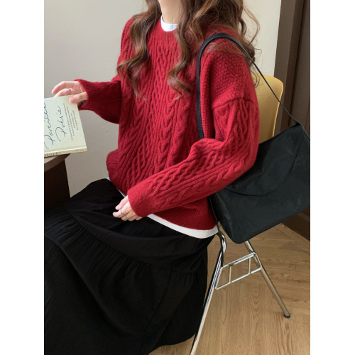 新年紅!復古麻花毛衣女冬季外穿寬松慵懶風圓領套頭針織衫聖誕紅 新年紅!復古麻花毛衣女冬季外穿寬松慵懶風圓領套頭針織衫聖誕紅