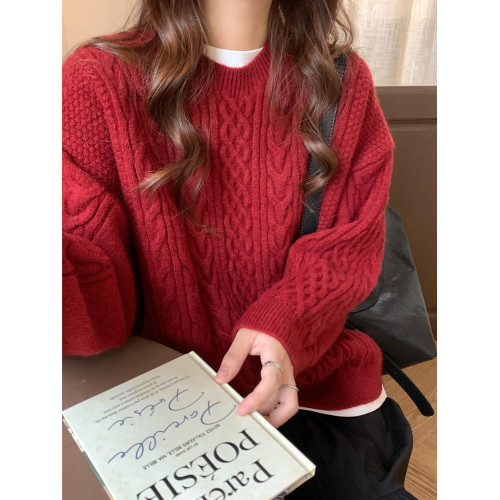 新年紅!復古麻花毛衣女冬季外穿寬松慵懶風圓領套頭針織衫聖誕紅 新年紅!復古麻花毛衣女冬季外穿寬松慵懶風圓領套頭針織衫聖誕紅