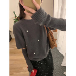 韓系氛圍感聖誕紅色袖套毛衣女2025冬季新年針織打底內搭釘珠上衣