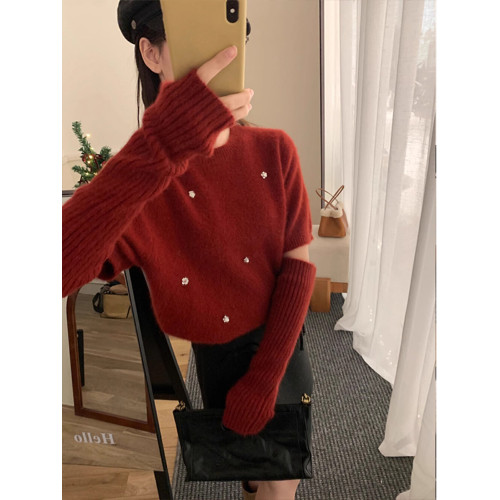 韓系氛圍感聖誕紅色袖套毛衣女2025冬季新年針織打底內搭釘珠上衣