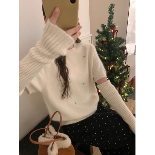 韓系氛圍感聖誕紅色袖套毛衣女2025冬季新年針織打底內搭釘珠上衣