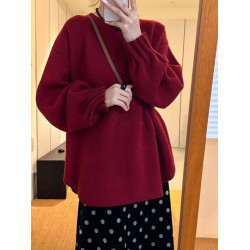 新年聖誕紅色浣熊絨中長款毛衣女秋冬軟糯慵懶高級感套頭針織上衣