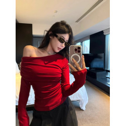 不規則斜肩長袖t恤女秋冬純欲性感一字肩上衣聖誕紅色打底衫內搭