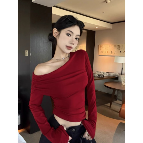 不規則斜肩長袖t恤女秋冬純欲性感一字肩上衣聖誕紅色打底衫內搭 不規則斜肩長袖t恤女秋冬純欲性感一字肩上衣聖誕紅色打底衫內搭