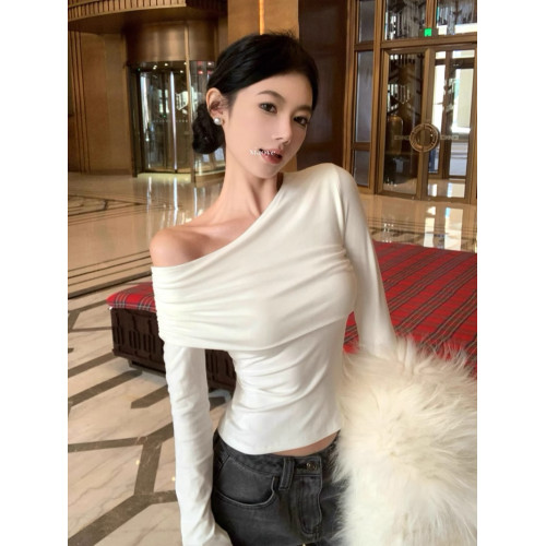 不規則斜肩長袖t恤女秋冬純欲性感一字肩上衣聖誕紅色打底衫內搭 不規則斜肩長袖t恤女秋冬純欲性感一字肩上衣聖誕紅色打底衫內搭