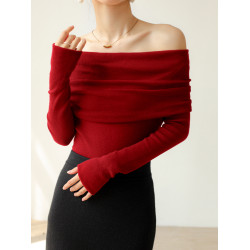 聖誕紅色一字領露肩毛衣女秋冬修身羊毛針織衫設計感內搭外穿上衣