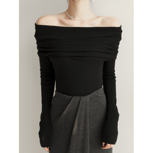 聖誕紅色一字領露肩毛衣女秋冬修身羊毛針織衫設計感內搭外穿上衣