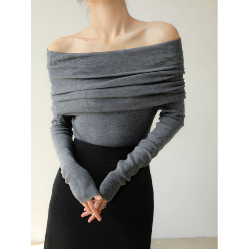 聖誕紅色一字領露肩毛衣女秋冬修身羊毛針織衫設計感內搭外穿上衣