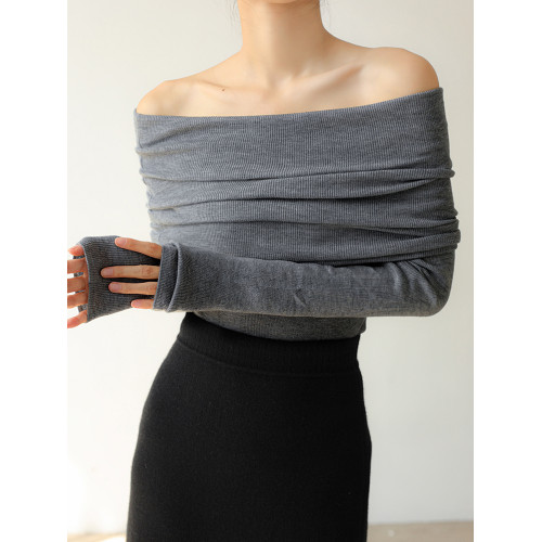 聖誕紅色一字領露肩毛衣女秋冬修身羊毛針織衫設計感內搭外穿上衣