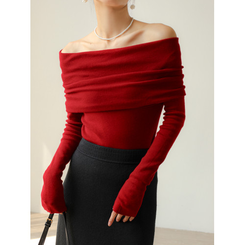 聖誕紅色一字領露肩毛衣女秋冬修身羊毛針織衫設計感內搭外穿上衣
