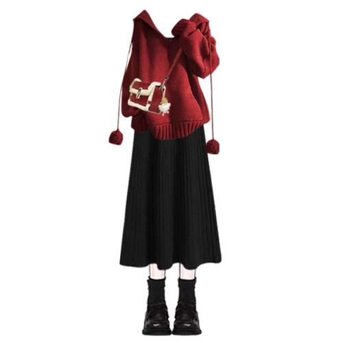 大碼秋冬套裝女聖誕紅色連帽針織衫毛衣氣質顯瘦黑色連衣裙兩件套 大碼秋冬套裝女聖誕紅色連帽針織衫毛衣氣質顯瘦黑色連衣裙兩件套