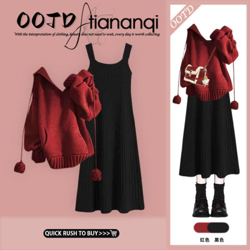 大碼秋冬套裝女聖誕紅色連帽針織衫毛衣氣質顯瘦黑色連衣裙兩件套 大碼秋冬套裝女聖誕紅色連帽針織衫毛衣氣質顯瘦黑色連衣裙兩件套