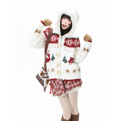 藍鬼公園Languid Park聖誕紅色費爾島牛角釦毛衣女秋季毛絨絨外套 藍鬼公園Languid Park聖誕紅色費爾島牛角釦毛衣女秋季毛絨絨外套