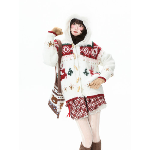 藍鬼公園Languid Park聖誕紅色費爾島牛角釦毛衣女秋季毛絨絨外套 藍鬼公園Languid Park聖誕紅色費爾島牛角釦毛衣女秋季毛絨絨外套