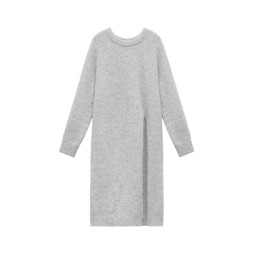 2024秋冬季新年聖誕紅針織毛衣裙女寬松慵懶風套頭開叉過膝連衣裙