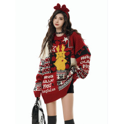 cuwu國潮本命過年聖誕紅毛衣女冬季百搭復古軟糯情侶新年針織上衣