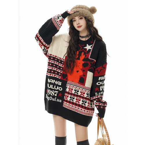 cuwu國潮本命過年聖誕紅毛衣女冬季百搭復古軟糯情侶新年針織上衣 cuwu國潮本命過年聖誕紅毛衣女冬季百搭復古軟糯情侶新年針織上衣