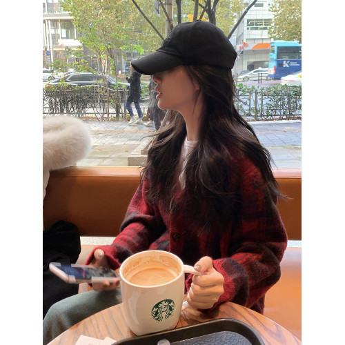 氛圍感聖誕紅色格紋毛衣女秋冬慵懶韓系高級感超好看v領針織開衫 氛圍感聖誕紅色格紋毛衣女秋冬慵懶韓系高級感超好看v領針織開衫