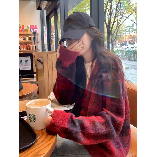 氛圍感聖誕紅色格紋毛衣女秋冬慵懶韓系高級感超好看v領針織開衫 氛圍感聖誕紅色格紋毛衣女秋冬慵懶韓系高級感超好看v領針織開衫