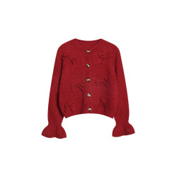 陳大鈺聖誕紅色超好看蝴蝶結毛衣女秋冬別致絕美短款針織開衫外套