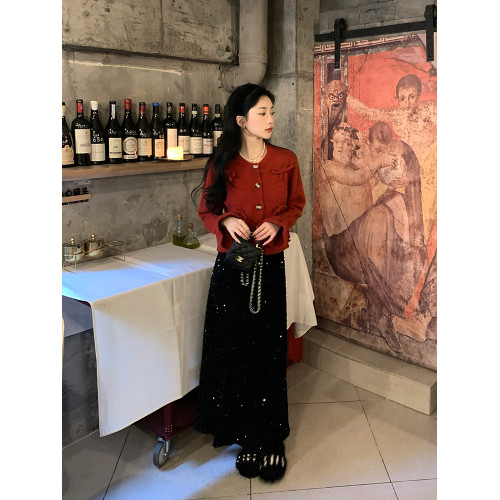 陳大鈺聖誕紅色超好看蝴蝶結毛衣女秋冬別致絕美短款針織開衫外套