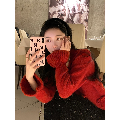 陳大鈺聖誕紅色超好看蝴蝶結毛衣女秋冬別致絕美短款針織開衫外套