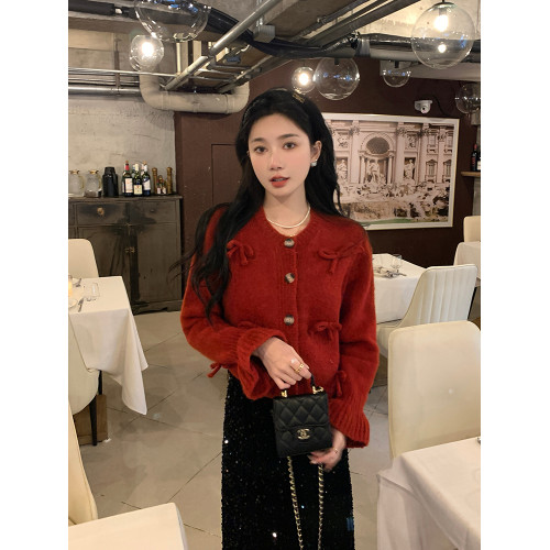 陳大鈺聖誕紅色超好看蝴蝶結毛衣女秋冬別致絕美短款針織開衫外套