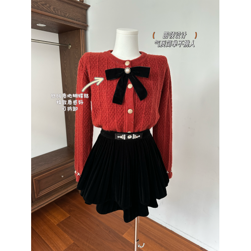 聖誕紅色毛衣外套女秋冬2024新款黑色蝴蝶結加厚圓領針織開衫上衣 聖誕紅色毛衣外套女秋冬2024新款黑色蝴蝶結加厚圓領針織開衫上衣