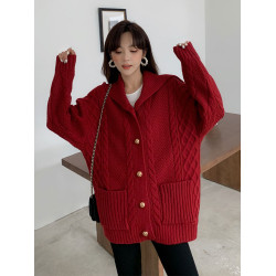 聖誕紅色毛衣外套女開衫中長款秋冬加厚寬松慵懶風海軍領針織上衣