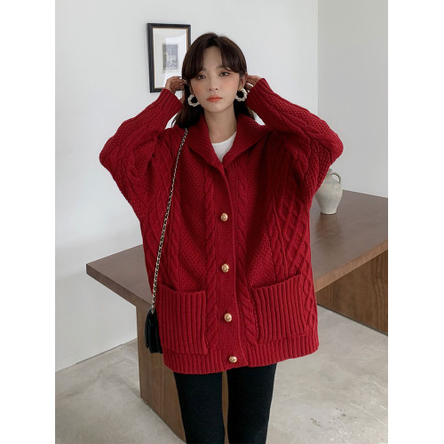 聖誕紅色毛衣外套女開衫中長款秋冬加厚寬松慵懶風海軍領針織上衣 聖誕紅色毛衣外套女開衫中長款秋冬加厚寬松慵懶風海軍領針織上衣