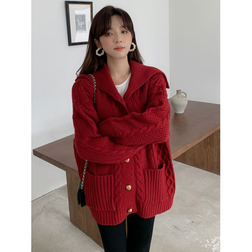 聖誕紅色毛衣外套女開衫中長款秋冬加厚寬松慵懶風海軍領針織上衣 聖誕紅色毛衣外套女開衫中長款秋冬加厚寬松慵懶風海軍領針織上衣