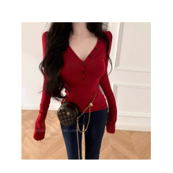 純欲美式辣妹性感長袖T恤修身顯瘦秋冬聖誕紅色V領內搭打底衫上衣