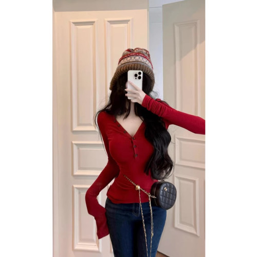 純欲美式辣妹性感長袖T恤修身顯瘦秋冬聖誕紅色V領內搭打底衫上衣