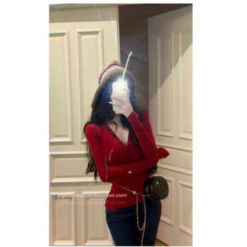 純欲美式辣妹性感長袖T恤修身顯瘦秋冬聖誕紅色V領內搭打底衫上衣