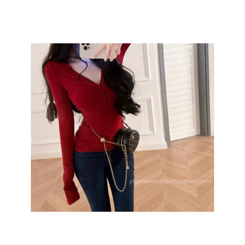 純欲美式辣妹性感長袖T恤修身顯瘦秋冬聖誕紅色V領內搭打底衫上衣