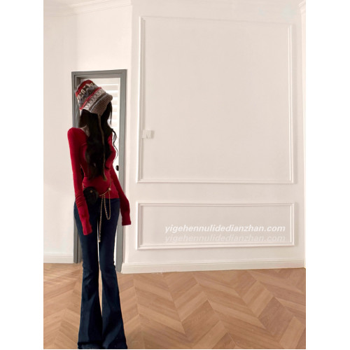 純欲美式辣妹性感長袖T恤修身顯瘦秋冬聖誕紅色V領內搭打底衫上衣