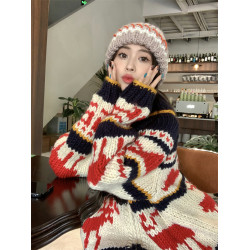 氛圍感重工聖誕紅色費爾島拉鍊毛衣外套女秋冬加厚慵懶風針織開衫