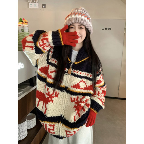 氛圍感重工聖誕紅色費爾島拉鍊毛衣外套女秋冬加厚慵懶風針織開衫 氛圍感重工聖誕紅色費爾島拉鍊毛衣外套女秋冬加厚慵懶風針織開衫