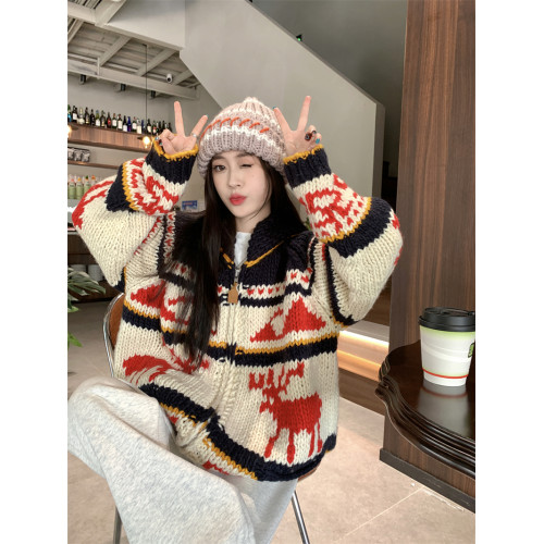 氛圍感重工聖誕紅色費爾島拉鍊毛衣外套女秋冬加厚慵懶風針織開衫 氛圍感重工聖誕紅色費爾島拉鍊毛衣外套女秋冬加厚慵懶風針織開衫