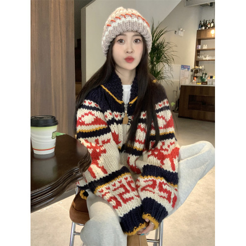 氛圍感重工聖誕紅色費爾島拉鍊毛衣外套女秋冬加厚慵懶風針織開衫 氛圍感重工聖誕紅色費爾島拉鍊毛衣外套女秋冬加厚慵懶風針織開衫