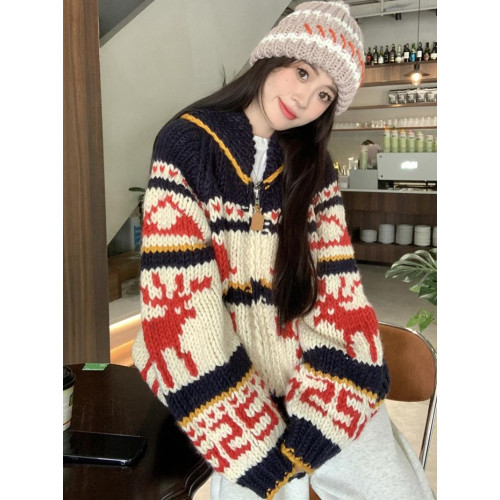 氛圍感重工聖誕紅色費爾島拉鍊毛衣外套女秋冬加厚慵懶風針織開衫 氛圍感重工聖誕紅色費爾島拉鍊毛衣外套女秋冬加厚慵懶風針織開衫