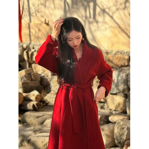 新年聖誕紅色雙面羊絨呢大衣女2025秋冬新款高級感加厚羊毛呢外套